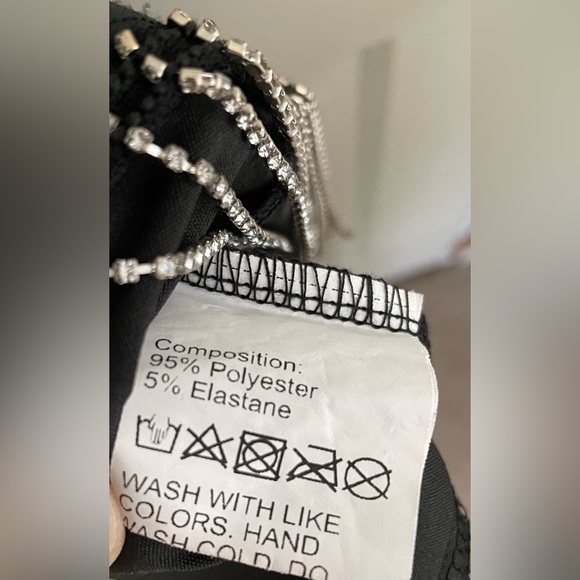 SHEIN Black Fitted Mini Dress with Rhinestone Fringe and Spaghetti Straps sz M/6 - Picture 6 of 7